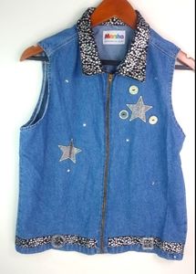 MARSHA14 Big Girls Silver Leopard Star Jeans Zip Vest Kids